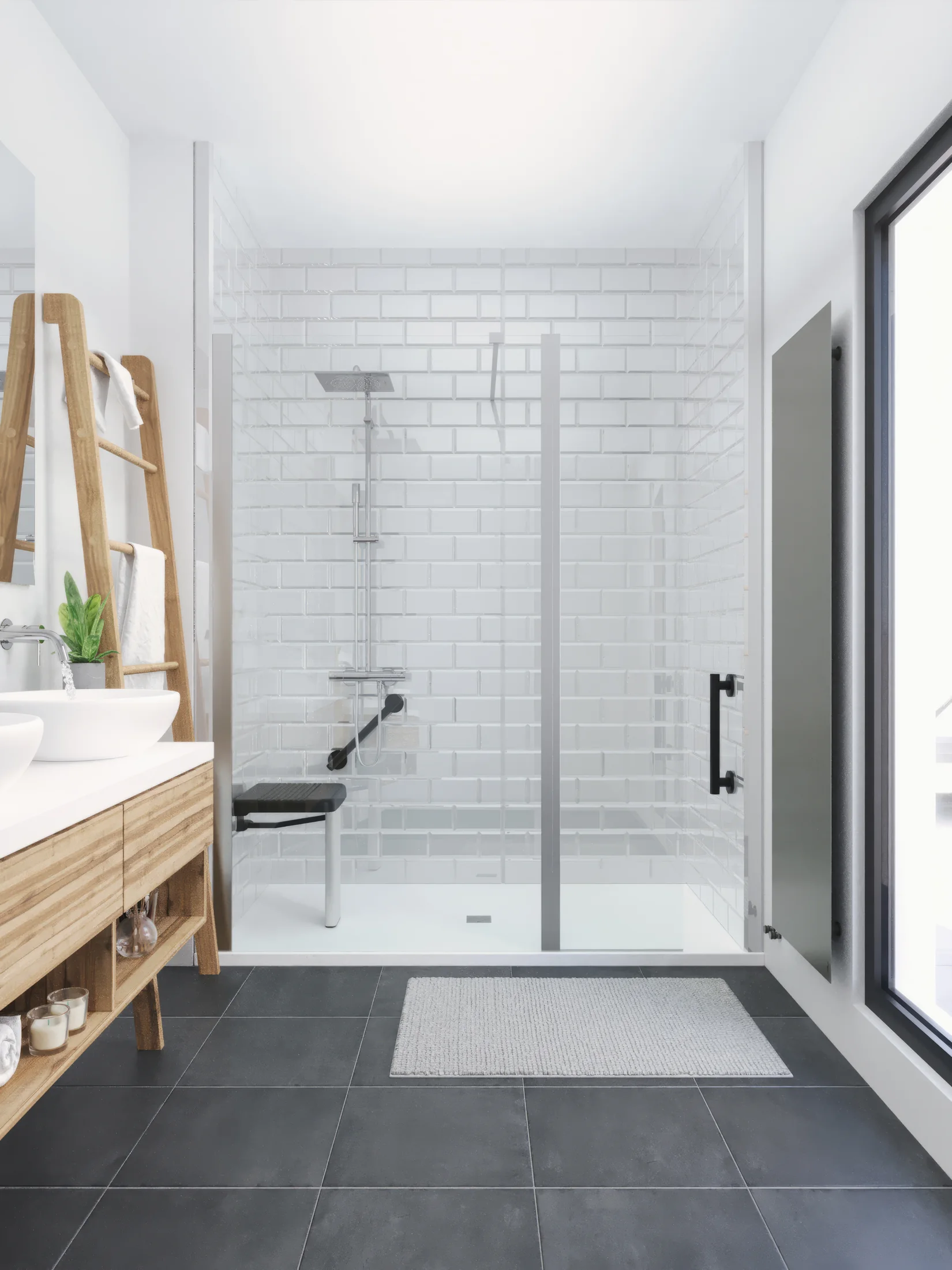 Douche accessible LT Showertec avec siège et barre d’appui