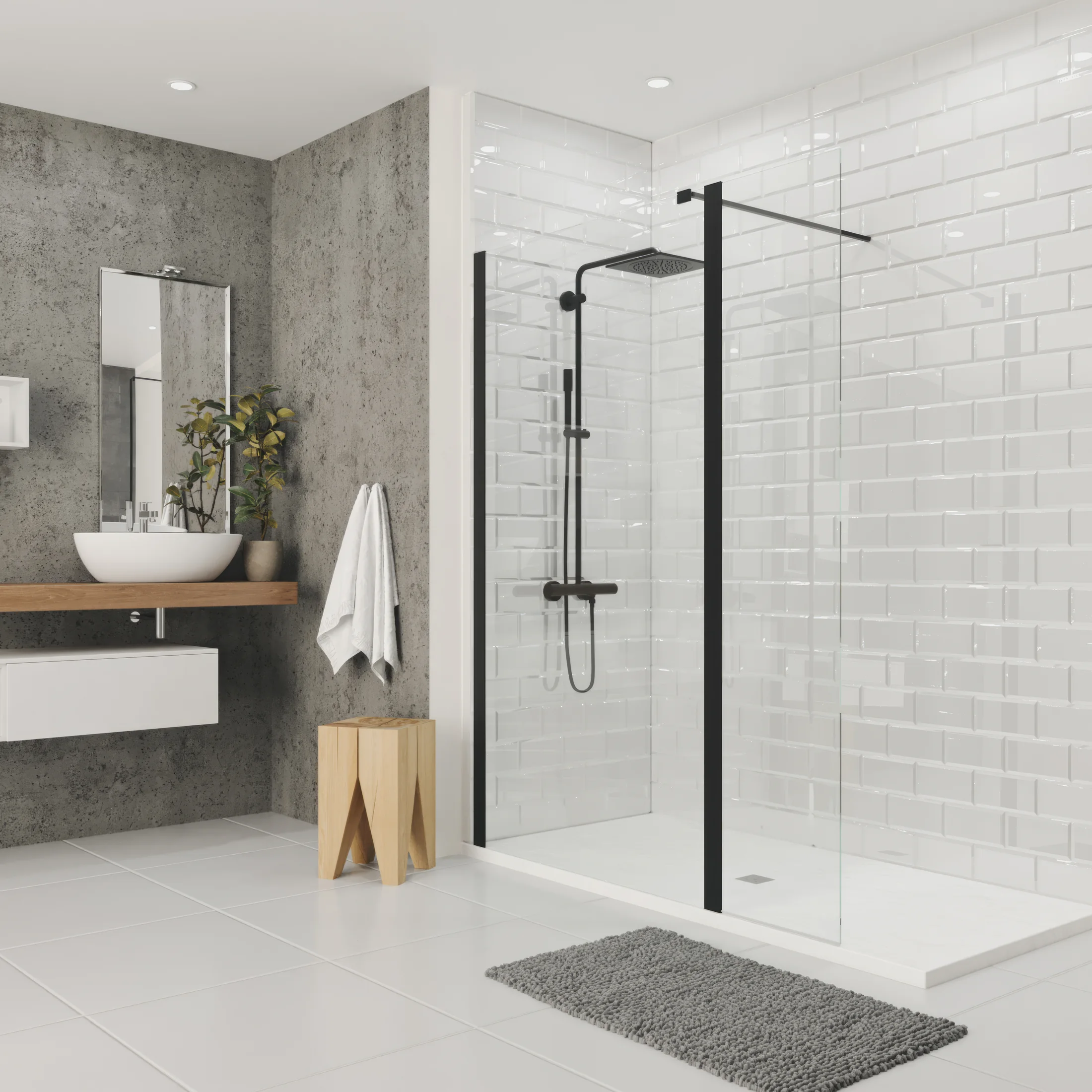 Douche LT Showertec avec receveur bas et panneaux effet métro